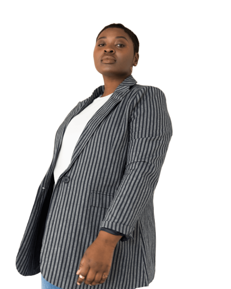 Front of a model wearing a size 3X Elma Structured Blazer in Midnight/White Multi Stripe by ABLE. | dia_product_style_image_id:316039